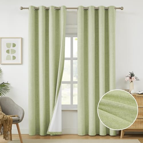 Melodieux Salbeigrün Verdunkelungsvorhänge aus Leinen, für Schlafzimmer, Wohnzimmer, wärmeisoliert, Raumverdunkelung, Ösen, elegante Bauernhaus-Vorhänge, strukturiert, 132 x 160 cm, 2 Paneele