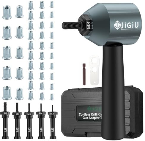 JiGiU Rivettatrice per Dadi Adattatore Professionale con M3-M8 5 Mandrini 40pcs Rivetti Dadi Accessori, Adattatore rivetti per Trapano/Ripararsi/Avvitatore a Batteria-con Custodia