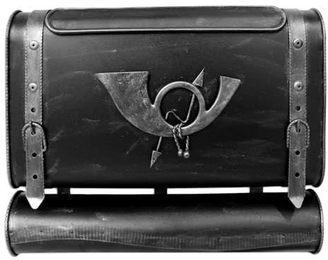 Stelling® Briefkasten Retro Alter Koffer mit Posthorn Postkasten mit Zeitungsfach Vintage Schwarz Gold Kupfer Silber Wandbriefkasten Antik Design Farbe: Schwarz-Silber | Entnahme: Links