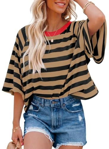 Chicrise Damen Oberteile Sommer Oversize Gestreift Kurzarm T-Shirt Rundhals Casual Mode Ringelshirt Braun Schwarz X Groß 46-48