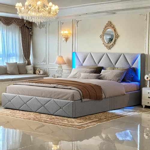 PerGar Polsterbett 140 x 200 mit LED Kopfteil, Polsterbett Doppelbett mit Bettkasten, Jugendbett Hydraulisch Bett mit Stauraum, Stauraumbett Bettgestell mit Lattenrost, Flanell, Ohne Matratze, Grau