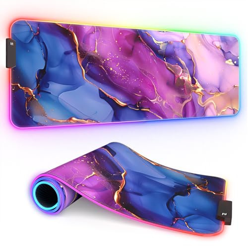 ITNRSIIET RGB Gaming Mouse Pad, Full Desk XL Extended Large Gaming Mousepad, 12 Lighting Modes 30% Thicker Big LED Desk Mat for Gamers,Blue Purple Pink Marble