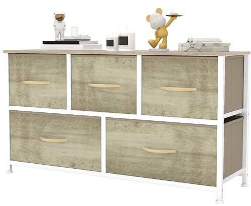 YITAHOME Kommode,Kommode mit 5 Schubladen,Schrank,Stoffschubladen mit Griffen,Metallgestell,Dauerhaft,Helle Holzmaserung