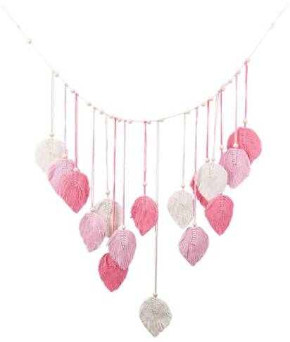 craspire Rosa Makramee Blatt Wandbehang Boho Stil Gewebte Federn Quaste 48,7 x 31,4 Zoll Baumwollseil Holzperlen Böhmische Handgefertigte Wandkunst Wandteppich Ornament Für Zuhause Wohnzimmer