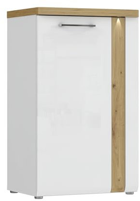 Garderobenschrank >TULUZA< Modernes Design in Weiß / Artisan Eiche Dekor, 60,3x100x43,4 cm. Mit LED-Beleuchtung, soft-close Türen, 3 Holzeinlegeböden und stabiler MDF-Front. Zerlegt geliefert.
