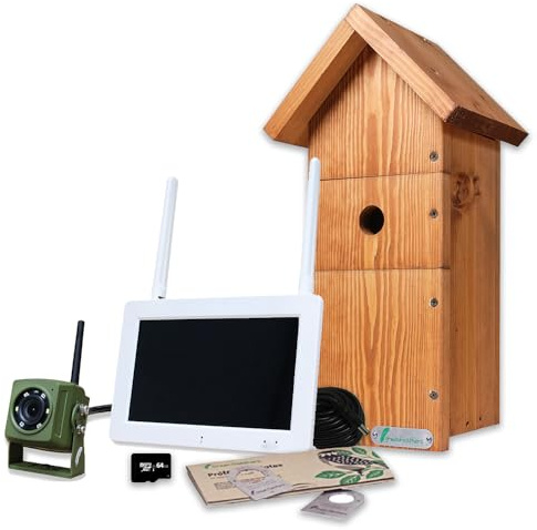 Green Feathers Wireless HD Bird Box Camera & Portable Screen Pack, Watch Footage Of Nesting Birds In Real Time On The Included 7 Portable Monitor (Wireless Camera & Screen Complete Pack)