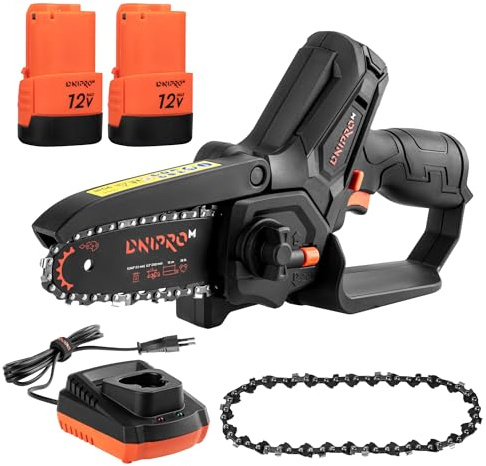 Dnipro-M Mini Motosierra Baterías 12V, Espada 12 cm, 3700 rpm, con 2 Baterías Recargables 2.0Ah, Cargador y Sierra de Cadena, Para Poda, Jardín y Corte de Ramas hasta 100 mm. CS-12
