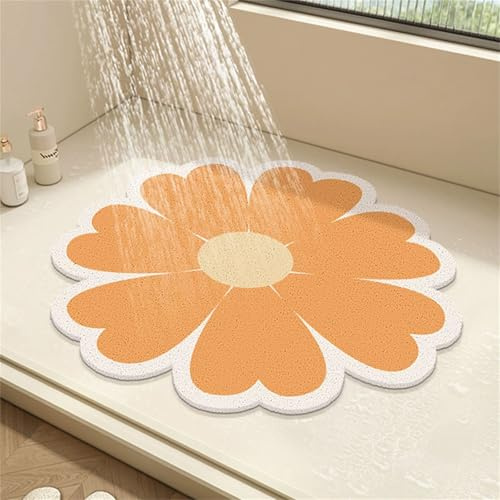 Surwin Duschmatte rutschfest PVC, Blume Blütenblatt Form Luffa Badematte Massage Duschmatten mit Ablaufloch, Weich Komfort Schnelltrocknend Badewannenmatte Antirutschmatte (Orange,50x50cm)