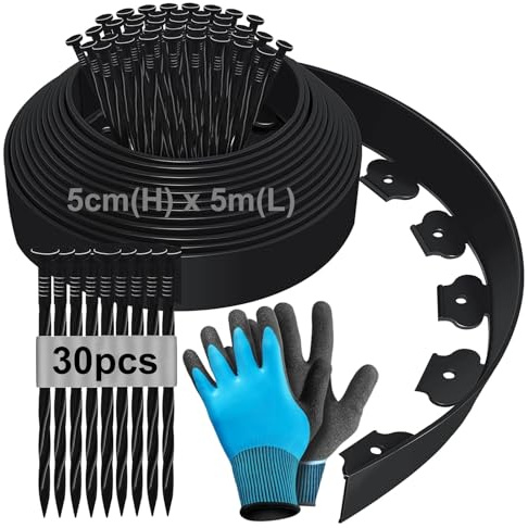 5m Flexible Rasenkante aus Kunststoff, 5cm Hoch Beeteinfassung Beetumrandung Kunststoff, Rasenkanten Beetbegrenzung Mähkante Pflastersteine Palisade mit 30 Erdanker und 1Paar Handschuhe - Schwarz 5m