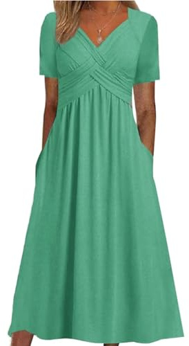 Vestido Largo Informal de Manga Corta con Escote en V y Manga Corta con entrecruzamiento en la Parte Delantera, Vestido de Playa para invitada de Boda con Bolsillo.