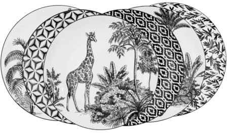 Artime - Lot de 6 Grandes Assiettes en Porcelaine Ø27 cm, Motifs Tribaux Noir et Blanc, Design Graphique Élégant