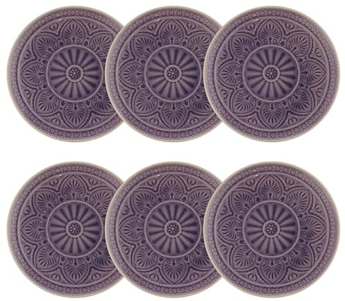 BUTLERS 6er Set Teller Steinzeug - SUMATRA - Spülmaschinenfest | Farbe Violett - ø 21 cm - Kuchenteller für Gebäck & Desserts - Dessertteller für Snacks & Vorspeisen - Reliefdekor