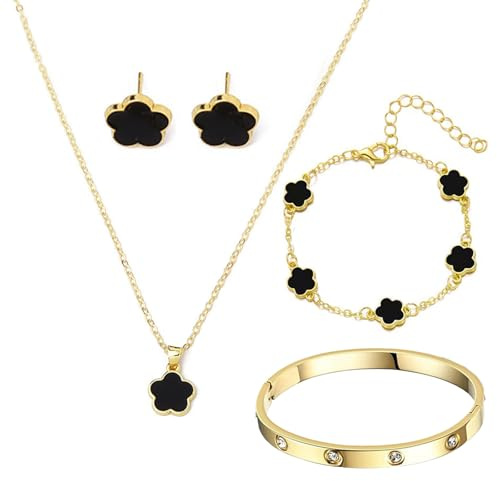 18k Vergoldet Vierblättriges Kleeblatt Anhänger Halskette 4 Stück Hypoallergenes Glücksklee Emaille-schmuck Set Vierblättriges Kleeblatt Schmuck Set Zirkonia Armreif Edelstahl Verstellbare Armbander