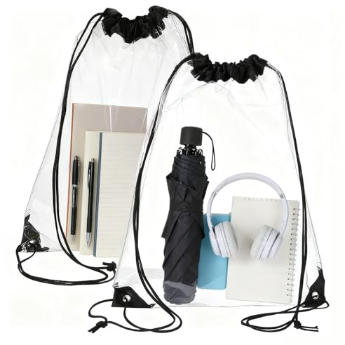 xolear 2 Stück Transparente Kordelzugbeutel, Turnbeutel Transparent, Durchsichtiger Rucksack mit kordelzug, Große PVC Kapazität Durchsichtiger Rucksack für Schulen, Bewegung, Reisen(Schwarz)