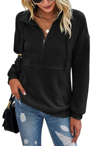 Beonych Sweatshirt Damen Pullover Elegant Langarmshirt Baumwolle Pulli Herbst Winter Casual Sweatjacke Oberteile Langarm mit Taschen (Schwarz, L)