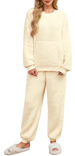 UMIPUBO Pigiama Donna Invernale Felpato Pigiami in Pile Caldo Set Due Pezzi Tuta Termico Invernali Completo da Casa Top a Maniche Lunghe e Pantaloni Lounge Morbido Sleepwear con Tasche