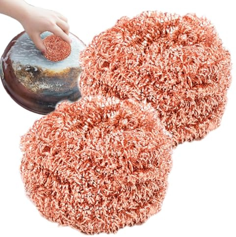 Copper Scourers, 2PCS Copper Wire Scourers Cleaning Ball, Durable Coppers Scrubbing Pads Dishwashing Scrubber Brush, Deep Cleaning Dirt Stain Remove Wire Mesh Pan Scourer Kitchen Cleaner Tool