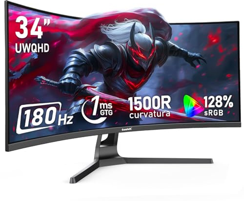 Gawfolk Monitor Ultrawide Da 34 Pollici 1500R Curvo 180Hz Monitor Per Computer Da Gioco, 21:9 UWQHD (3440x1440),128% sRGB,Adaptive Sync,HDR,Angolo di visione 178°,HDMI、Display Port,VESA75×75MM - Nero