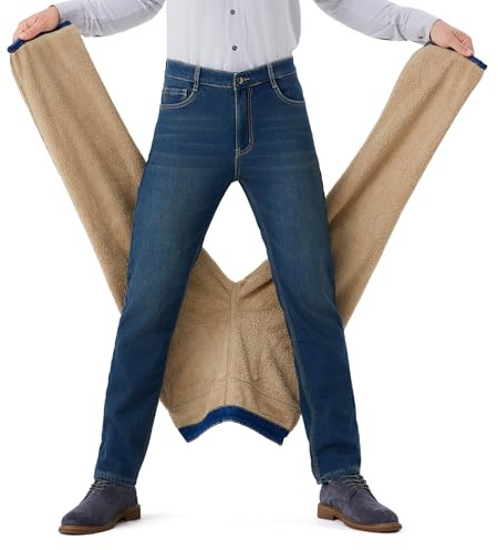 geithran Men's Sherpa Fleece Lined Jeans Winter Thermal Pants with Stretch Denim Business Casual Straight Retro Blue 32W/30L