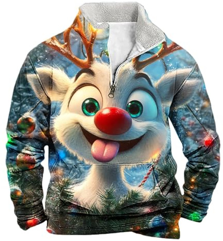 luoluoluo Christmas Jumpers for Men Funny Reindeer Sweatshirt 3D Printed Sweater Fleece Lined Pullover 1/4 Zip Xmas Jumper Long Sleeve Sweaters Casual Loose Sweatshirts Ugly Tops Outwear for Party