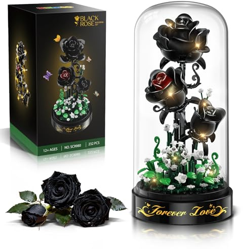 HiWEEGO Jeu de Construction de Fleurs avec lumière LED - Kit de 232 pièces de Roses Noires avec Couvercle Anti-poussière, pour Noël, Blocs de 3,6 mm, décoration pour la Maison