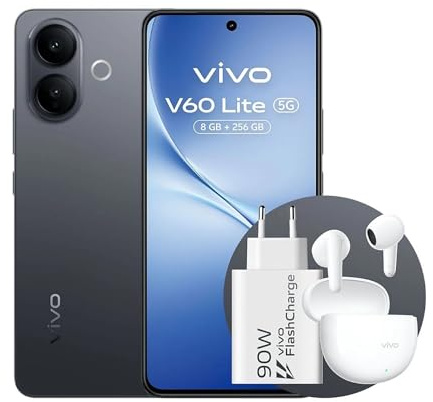 vivo V60 Lite 5G, confezione con Buds Air3+caricatore 90W, Batteria BlueVolt 6500 mAh, AI Cameraphone con sensore Sony IMX882 50MP, Aura Light,8+8GB RAM,256GB ROM,display AMOLED da120Hz,IP65, NFC | 6500 mAh, AI Cameraphone con sensore Sony IMX882 50MP, Aura Light,8+256GB AMOLED120Hz IP65, NFC