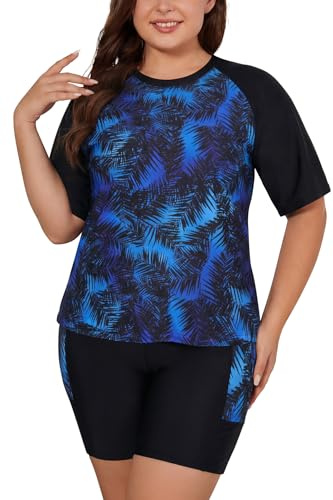 SHEKINI Womens Plus Size 2 Piece Rash Guard UPF50+ | UPF50+, Short Sleeve Swim Shirt, Built-in Bra, Boyshorts with Pockets, 82N 18E Quick Dry Swimwear, Swimming Costume