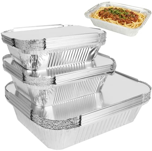 Aluminum Foil Trays with Lids 30Pk, 1750ml 700ml 410ml for Baking Meal | Disposable, oven/air fryer/freezer safe, sturdy containers, takeaway/party use, 10 each of 3 sizes, includes lids