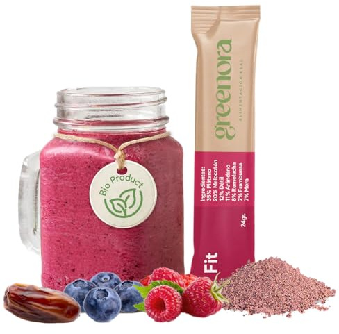 GREENORA Smoothie Vegano de Fruta Liofilizada BIO, Plátano, Melocotón, Dátil, Arándanos, Remolacha, Frambuesa y Mora en Polvo, Ideal para Bowls y Recetas, Sin Azúcar, 10 Unidades (Sticks).