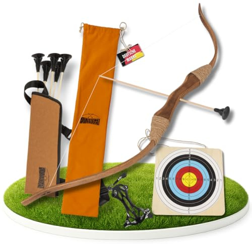 FLITZEBOGEN Pfeil und Bogen Kinder Set aus Holz mit Saugnapfpfeilen Zielscheibe Köcher Armschutz und Tasche - Spielzeug für Indoor und Outdoor Spiele ab 4 Jahren