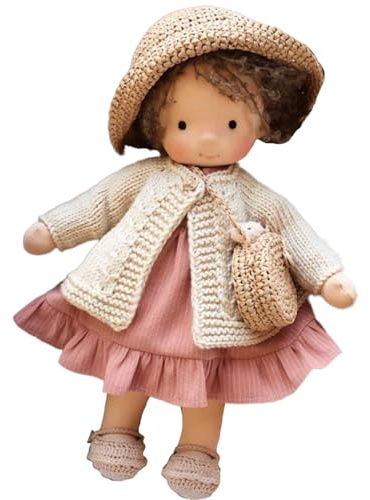 Suxdlan 10 Zoll süße Mädchen-Stoffpuppe mit lockigem Haar, weiche Plüschpuppe mit Hut, Umhängetasche, Kleid für Babys, Kleinkinder, Weihnachten, Geburtstag