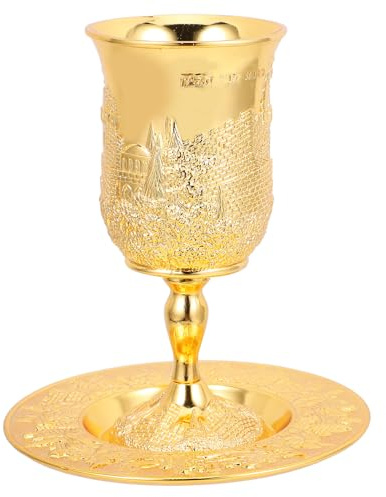 OHPHCALL Set Bicchieri Kiddush in Metallo Dorato con Piattino Coppa Sacra per Vino Shabbat e Pasqua Tazza per Offerte Judaica Regalo Tradizionale per Festività Religiose