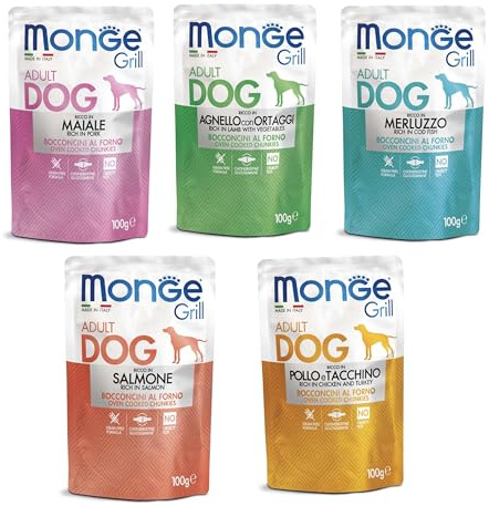 Monge Grill Bocconcini Adult Dog Food, Food Pouches, Mixed Flavors, gusti misti, 100g, 12 bustine