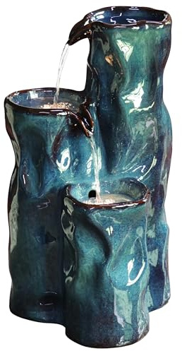 Dehner Gartenbrunnen Corso, mit LED Beleuchtung, frostbeständig, solarfähiger Brunnen für Außen, 38 x 34 x 64.5 cm, Keramik, blau