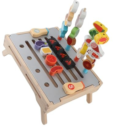 Sxhlseller Set da Gioco per Barbecue in Legno per Bambini, Giocattolo per Griglia da Cucina in Legno di Gomma con 45 Accessori per Sviluppare abilità Pratiche e Giochi di Ruolo Fantasiosi e Divertenti