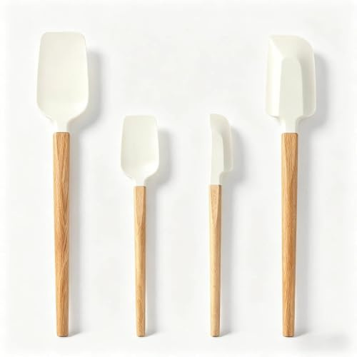 XBAIPIN Set di 4 spatole da cucina in silicone, raschietto per impasto con manico in legno di faggio (4 misure), spatola per cottura, frullatore, marmellata e contenitore in vetro, resistente al