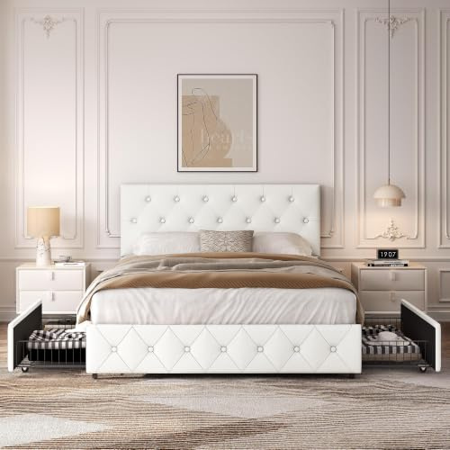 Yaheetech Polsterbett 140 x 200 cm Doppelbett Bettrahmen mit 2 Schubladen