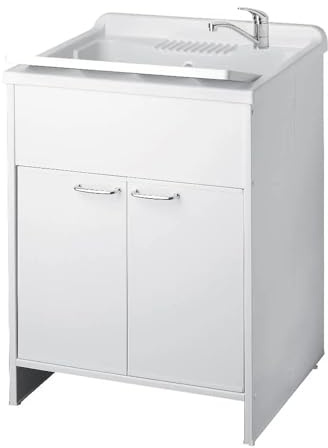 Mobile lavatoio, misura cm.60x50x88, 2 ante, vasca e asse lavapanni, in resina colore bianco, per interno o esterno