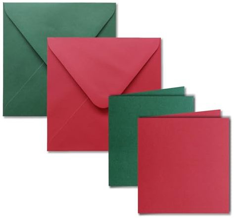 70x quadratisches Falt-Karten Set inklusive Brief-Umschläge - Blanko Einladungskarten in Rot und Grün - 135 x 135 mm (13,5 x 13,5 cm) Klappkarten