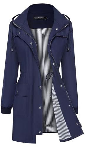 Bloggerlove Women Raincoat Hooded Trench Coat Active Outdoor Rain Jacket Lightweight Rain Coats Navy Blue Xl