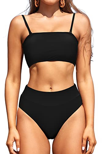 SHEKINI Costume da Bagno Donna Due Pezzi Bandeau Top Bikini Tracolla Regolabile Vita Alta Stampati Bikini Fondo Costumi Due Pezzi Donna da Spiaggia (S, Nero)
