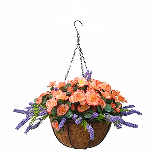 Künstliche Seidenblumen für drinnen und draußen, Champagner, Rhododendron, künstliche Blumen, Azalee und lila Lavendel, schöne Kette zum Aufhängen mit Blumentopf (mittelgroßer Korb)