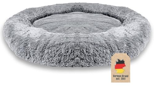INTIRILIFE Flauschiges Plüsch Haustierbett in Hell Grau Durchmesser 100 cm - Weiches rundes rutschfestes Hundebett Katzenbett Kissen Komfortables Hundesofa Katzensofa für Hunde und Katzen