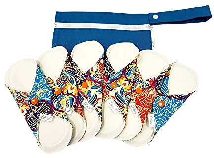 Lilind® 6-pack organiskt tyg 24 cm normal storlek återanvändbara menstruationskuddar komplett set noll avfall 100 % bomull blå orientalisk