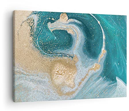 ARTTOR Bilder auf Leinwand 70x50cm Wandbild Abstrakt - 4969 | Türkis Hintergrund Golden Klein Wanddekoration Wohnzimmer Schlafzimmer Wanddeko Wand Kunstdruck Wandkunst Wall Decor ARTTOR
