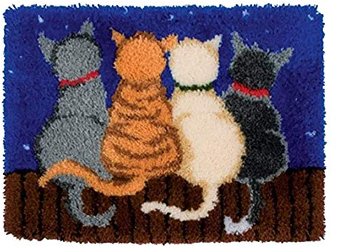 ROCKY&CHAO Knüpfteppich Zum Selber knüpfen, 50x38cm Knüpfsets Latch Hook Kit Selbst Knüpfen Set für Kinder und Erwachsene (Vier Katzen)