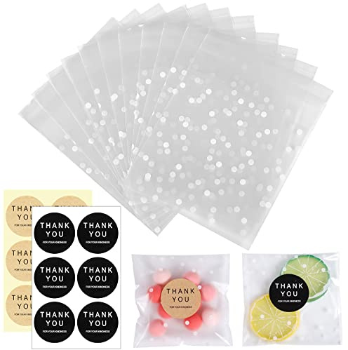 100 Stück Selbstklebende Süssigkeiten Tüte, 10 x 10cm Kekstüten Transparent | Weiße Tupfen, Geschenktüten Transparent mit 100 Dankeschön-tags für Halloween Weihnachtsfeier Süßigkeiten Schokoladen