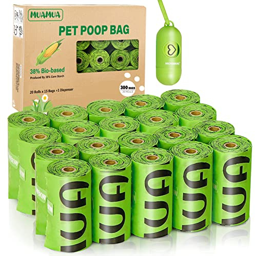 MUAMUA Biodegradable Dog Poop Bags 300 Count, 20 Rolls, Recyclable Waste with Dispenser, Large 9 x 13 Inches, Extra Thick, Leak Proof for Dogs and Cats