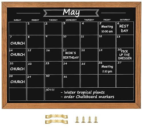 Umtiti Tableau noir calendrier 33 x 43,2 cm, surface magnétique, cadre en bois de pin massif marron rustique pour planification, emploi du temps scolaire, mémo, tableau à suspendre pour bureau, école
