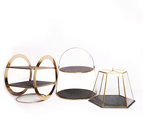 Bundle of Artesà Cake Stand, 29.5 x 29.5 x 35 cm + Artesà Wheel Frame Food Display Stand, 31.5x22.5x30cm, + Artesà Geometric Glass Cake Dome, Slate Serving Board, 31 x 27.5 x 25cm